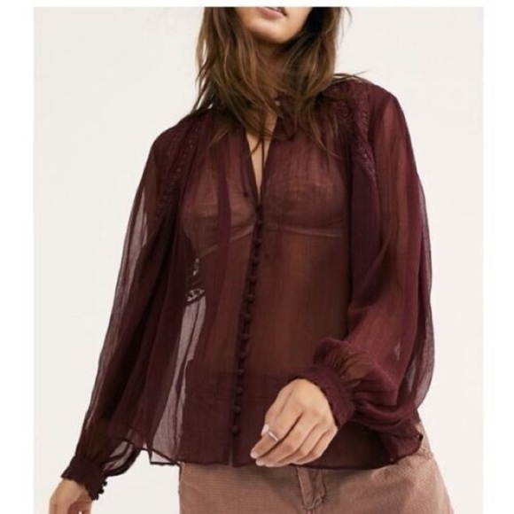 FREE PEOPLE Long Live Love Sheer Button-Down Blouse, Maroon Red - Picture 9 of 9